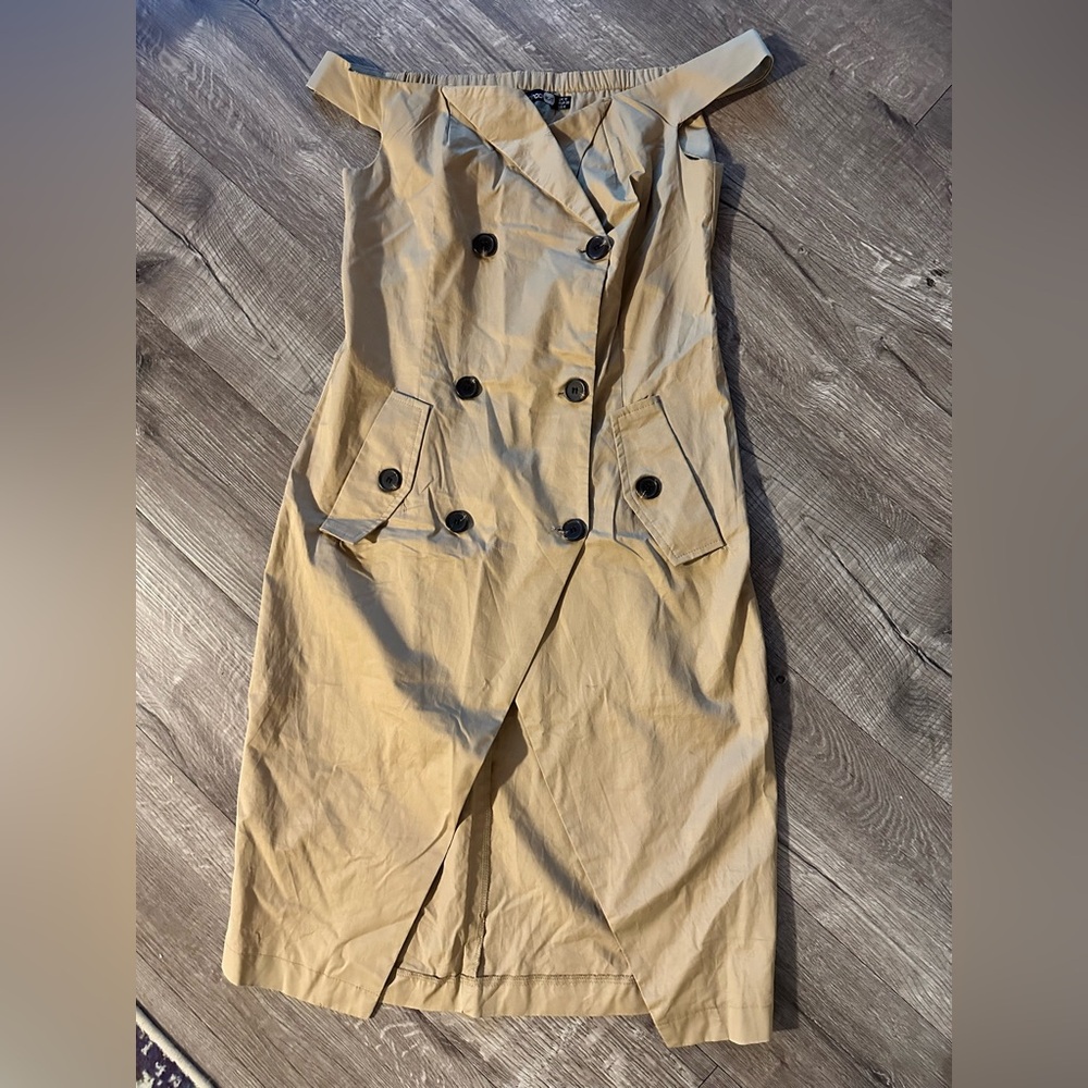 boohoo off the shoulder trench coat dress